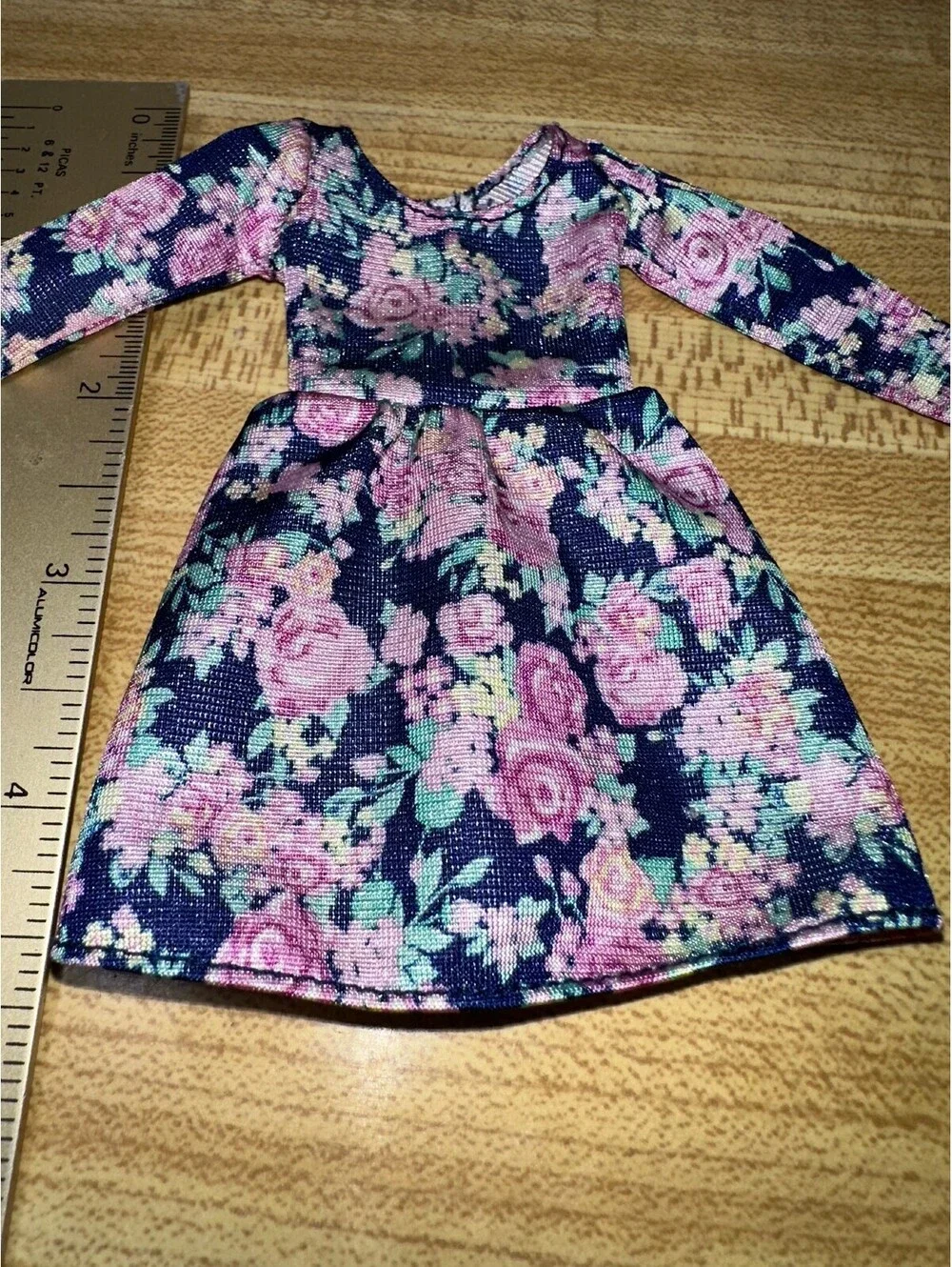 Barbie Doll Floral Long Sleeve Dress in Purple and Blue, Size Small, Very Good